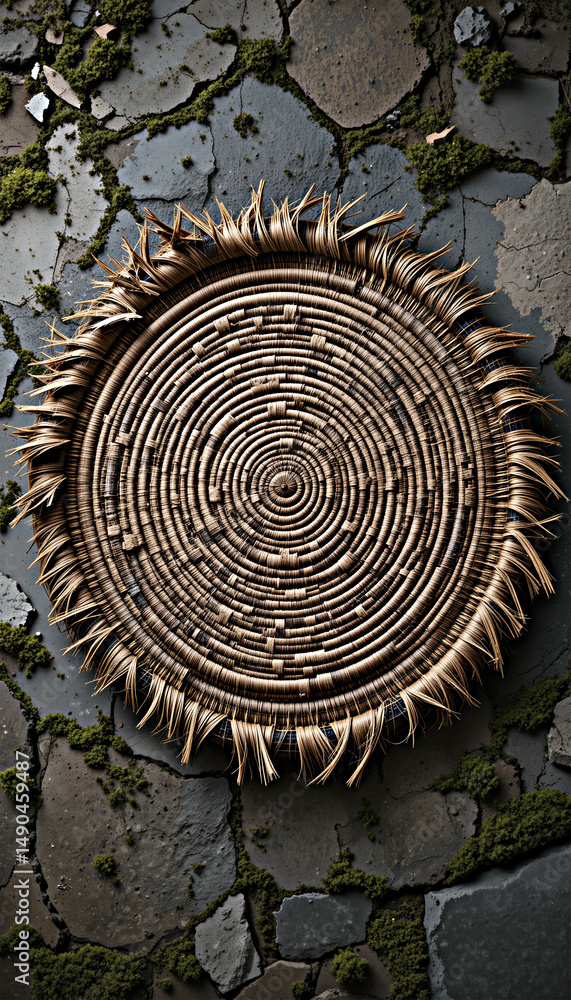 Fototapeta premium Circular woven basket on cracked stone surface