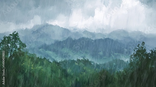 Moody Mountain Landscape in Rainy Weather with Fog and Dramatic Clouds