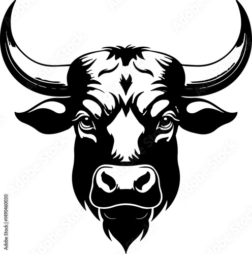 The bold black vector image presents a detailed bull's head, showcasing its large, curved horns, piercing eyes, a prominent snout with visible nostrils, and a textured forehead suggesting strength 