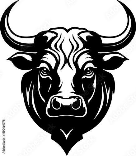The stark black vector illustration captures the powerful face of a bull, emphasizing its formidable horns curving outwards, intense gaze, and the strong, defined musculature of its head and snout.