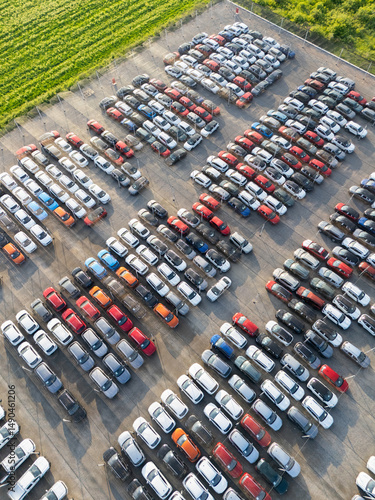Aerial view of a storage facility for new cars
