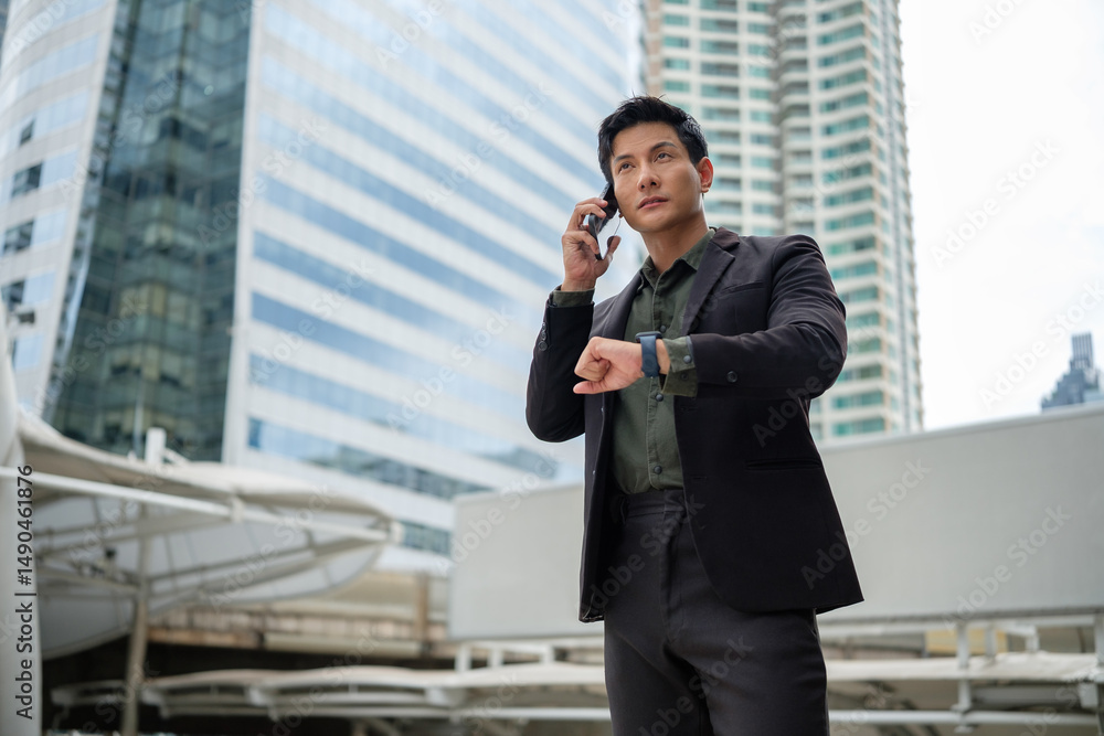 Confident business executive talking on mobile phone and checking time in modern city. Confident business executive talking on mobile phone and checking time in modern city.