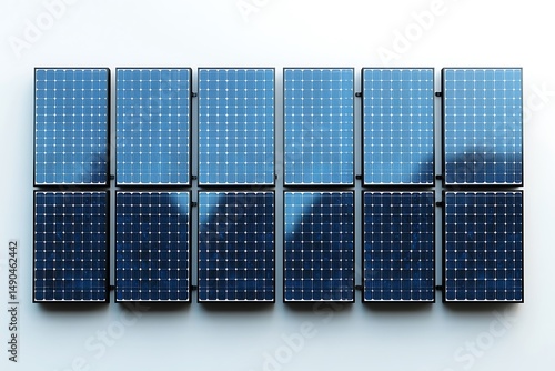 Twelve solar panels mounted on a white wall