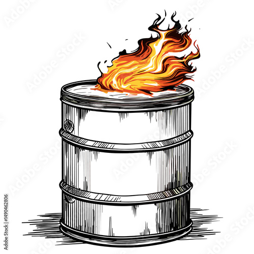 vector drawing of burning oil barrel on white background .Generative AI