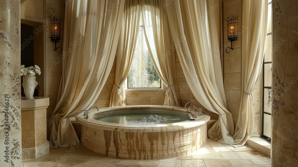 A luxurious bathroom featuring a round bathtub with flowing curtains and elegant sconces on the walls A luxurious bathroom featuring a round bathtub with flowing curtains and elegant sconces on the walls