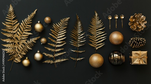 Golden glamour: festive composition of gilded elements on a dark background