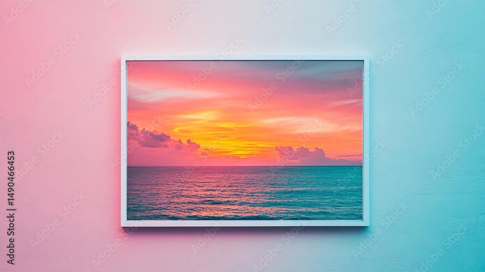 Naklejka premium stunning sunset over ocean, framed beautifully, evokes tranquility and wonder