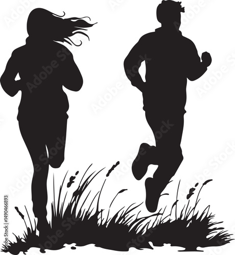 Silhouette of Runners in Nature: Man and Woman Trail Running Through Grass, Outdoor Exercise, Fitness, and Healthy Lifestyle Illustration