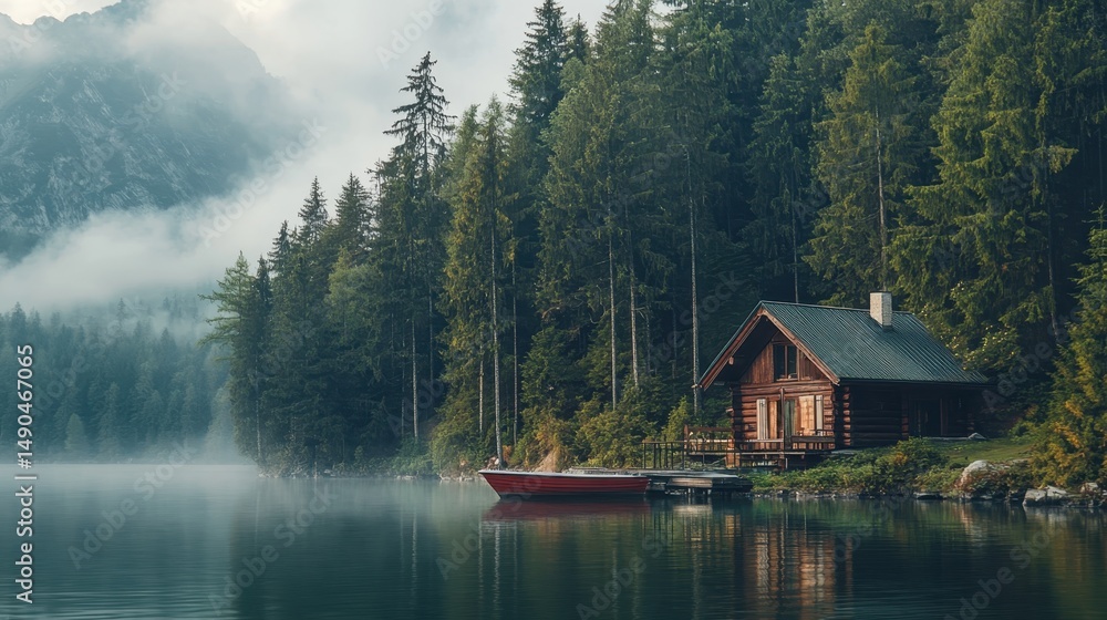 Fototapeta premium Cozy cabin by the misty lake surrounded by tall evergreen trees at dawn