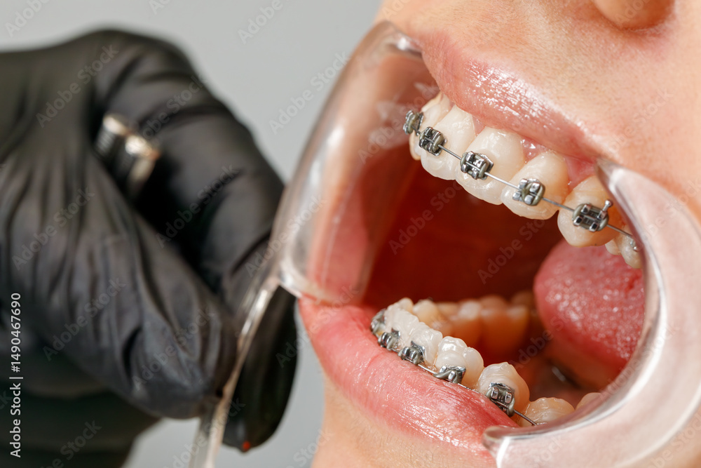 Obraz premium Side view of orthodontic treatment with braces and tools