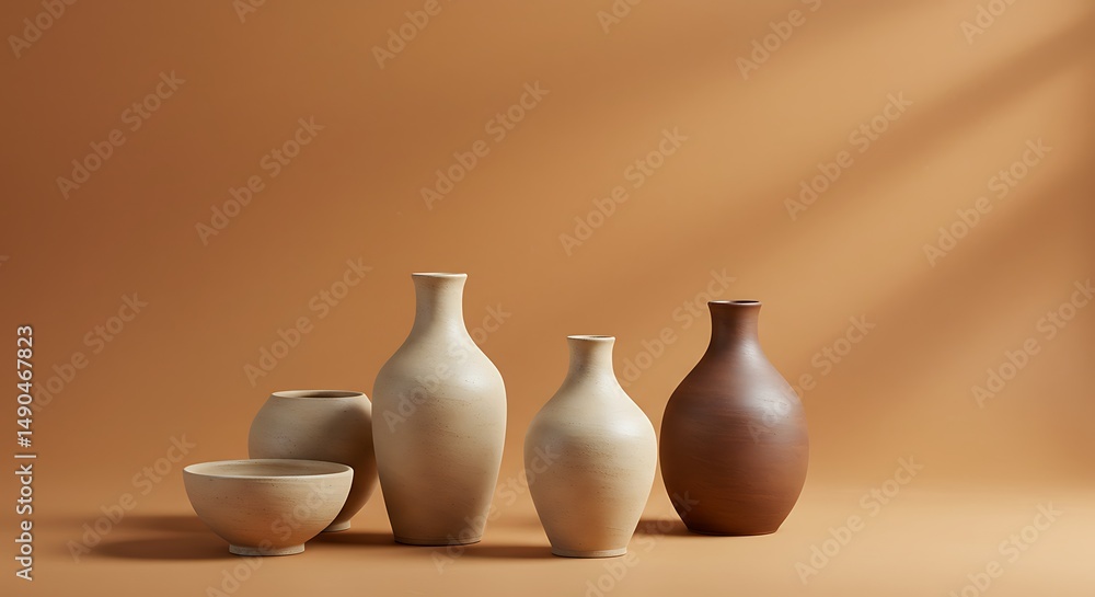 Ceramic vases and bowls on terracotta background Ceramic vases and bowls on terracotta background