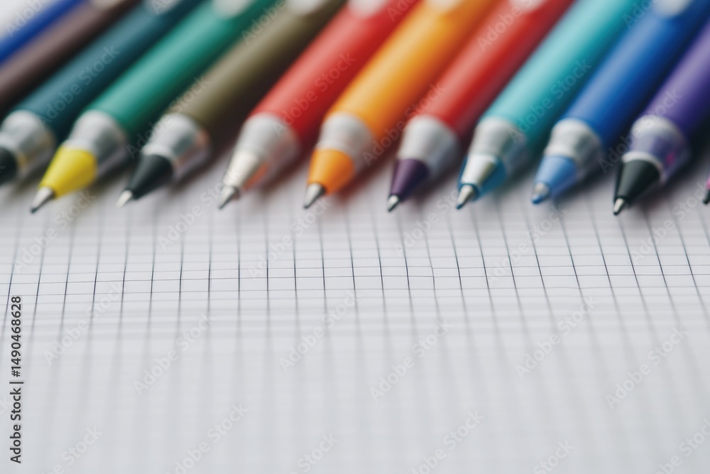 Fototapeta premium Colorful pens on graph paper artistic design supplies creative tools close up