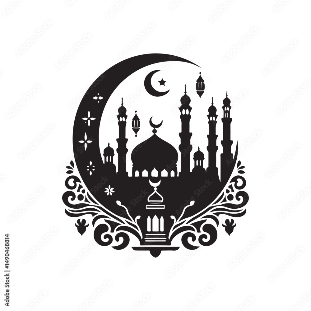 Fototapeta premium Eid Al Adha Silhouette Vector Illustration, Solid White Background.