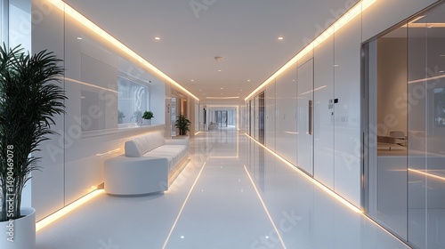 3D medical hallway design with ambient LED strips  pristine white interior  and high-efficiency sliding doors