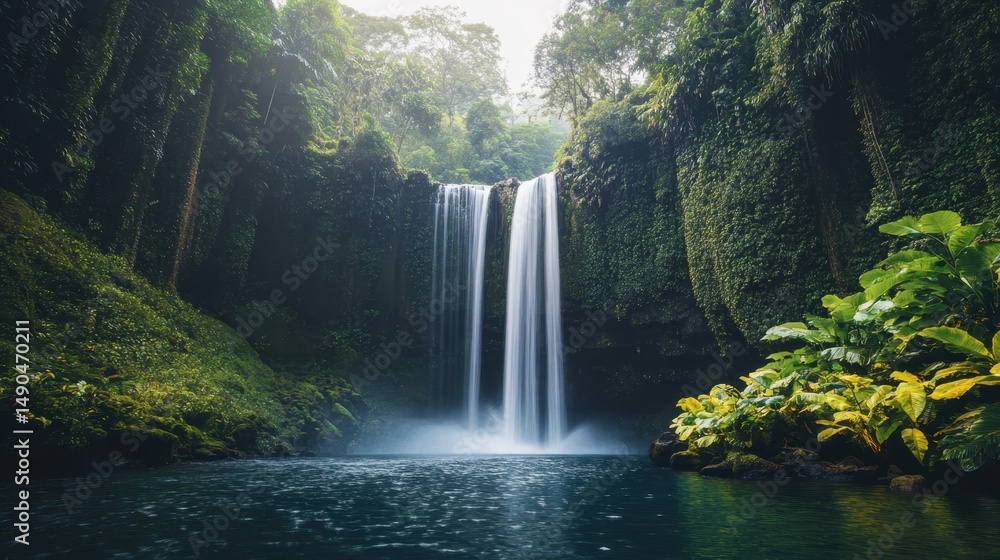 Fototapeta premium Stunning waterfall surrounded by lush greenery and vibrant flowers in a tropical rainforest during daylight