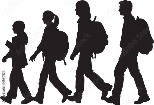 Silhouette of Family Hiking: Backpacking Adventure, Generational Travel, Outdoor Recreation, Vector Illustration, Group Activity
