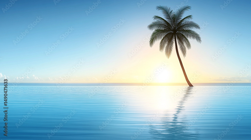 Obraz premium serene palm tree stands alone by tranquil ocean at sunrise, creating peaceful atmosphere