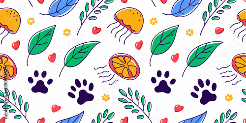 Fun, Colorful Pattern with Leaves, Jellyfish, and Fruits. This vibrant and playful pattern features a repeating design of colorful leaves, jellyfish, slices of citrus fruit, small hearts.