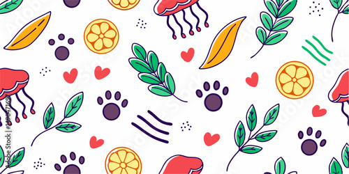 Whimsical Summer Pattern with Jellyfish, Leaves, and Fruits. A vibrant and cheerful repeating pattern featuring playful illustrations of jellyfish, leaves, citrus slices, animal paw prints, and hearts