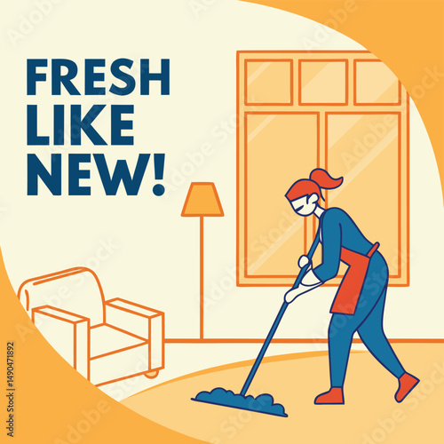 Woman Mopping in Cozy Room"