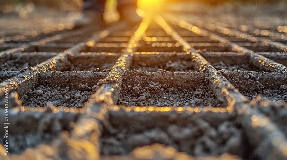 Obraz premium Grid of metal, cement, sunset blurred background