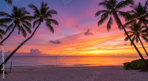 Vibrant Sunset over Tropical Beach with Silhouetted Palm Trees