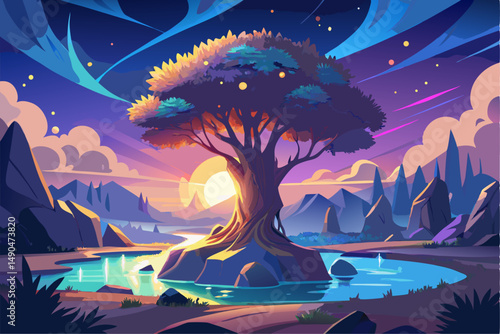 A surreal and vibrant autumn tree glowing at the center of a calm forest, reflected symmetrically in a tranquil lake with soft ripples. This dreamy fantasy landscape is painted in an expressive oil pa
