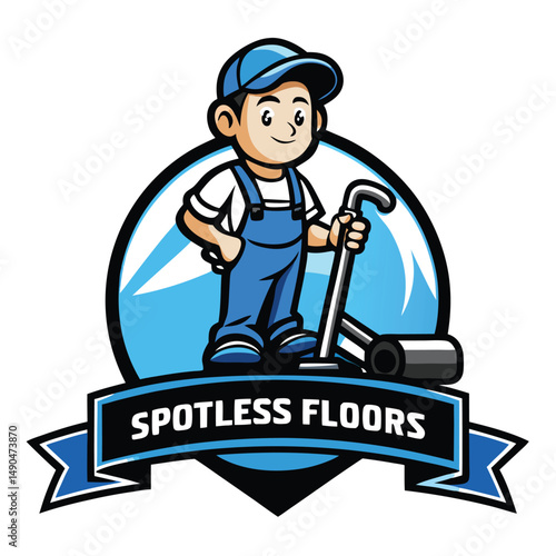 Cartoon man in a cap with spray bottle

Circle with banner

Smiling, confident service provider look

Flat vector art style