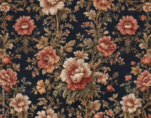 Elegant royal floral textile pattern, intricate vintage design, rich, detail, intricate