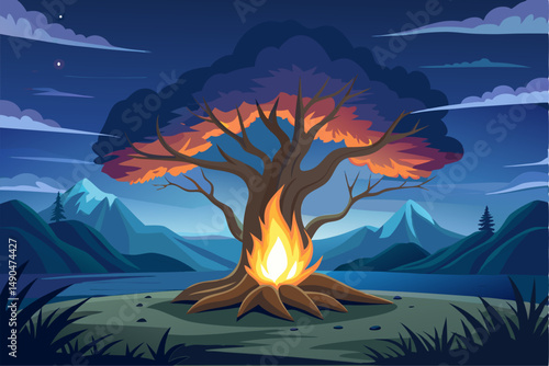 A surreal and vibrant autumn tree glowing at the center of a calm forest, reflected symmetrically in a tranquil lake with soft ripples. This dreamy fantasy landscape is painted in an expressive oil pa