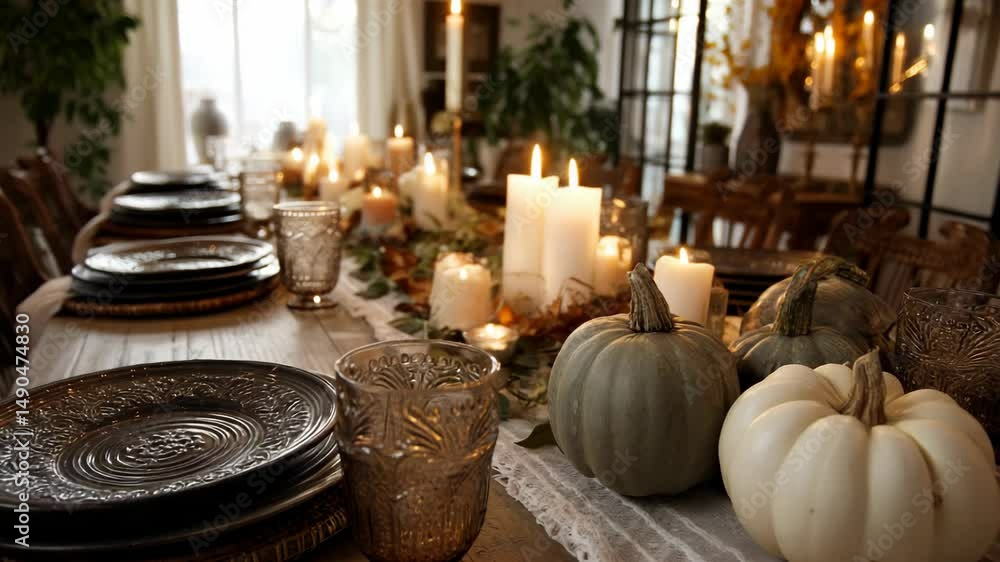 Elegantly Set Dining Table with Candles, Decorative Plates, Glasses, and Pumpkins for an Autumn Dinner Party Elegantly Set Dining Table with Candles, Decorative Plates, Glasses, and Pumpkins for an Autumn Dinner Party