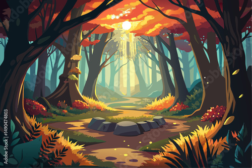 A surreal and vibrant autumn tree glowing at the center of a calm forest, reflected symmetrically in a tranquil lake with soft ripples. This dreamy fantasy landscape is painted in an expressive oil pa