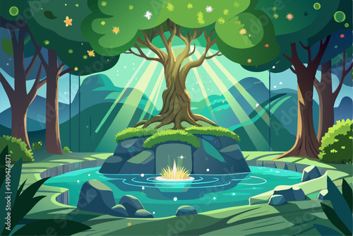 A surreal and vibrant autumn tree glowing at the center of a calm forest, reflected symmetrically in a tranquil lake with soft ripples. This dreamy fantasy landscape is painted in an expressive oil pa