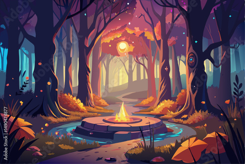 A surreal and vibrant autumn tree glowing at the center of a calm forest, reflected symmetrically in a tranquil lake with soft ripples. This dreamy fantasy landscape is painted in an expressive oil pa