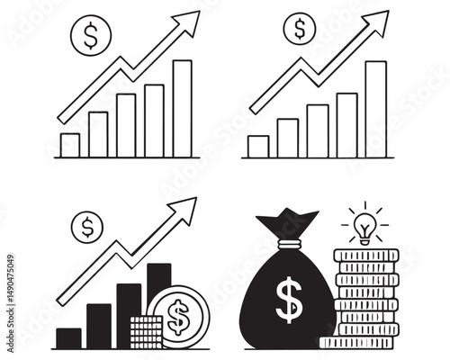 Dollar rate increase vector icons. Cost rise vector illustration. Business money increase signs set