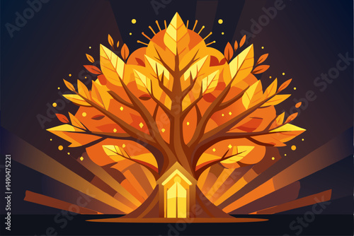 A surreal and vibrant autumn tree glowing at the center of a calm forest, reflected symmetrically in a tranquil lake with soft ripples. This dreamy fantasy landscape is painted in an expressive oil pa