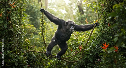 Fototapeta Naklejka Na Ścianę i Meble -  Chimpanzee balancing on branch in jungle