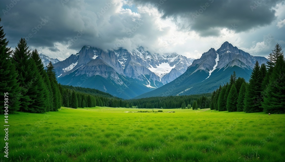 Fototapeta premium Majestic mountain landscape featuring lush green meadow and dramatic cloudy sky in the Dolomites during late afternoon