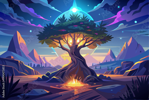 A surreal and vibrant autumn tree glowing at the center of a calm forest, reflected symmetrically in a tranquil lake with soft ripples. This dreamy fantasy landscape is painted in an expressive oil pa