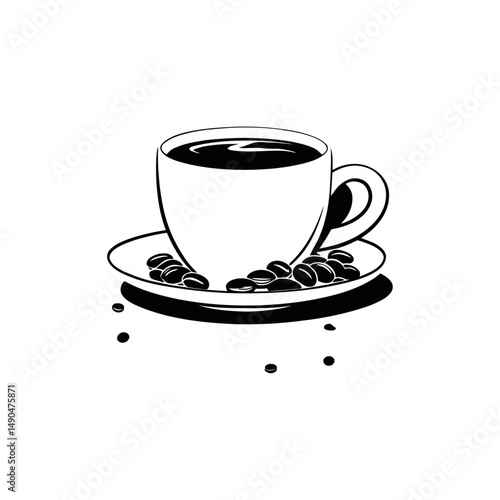 A cup of hot coffee on a saucer surrounded by coffee beans