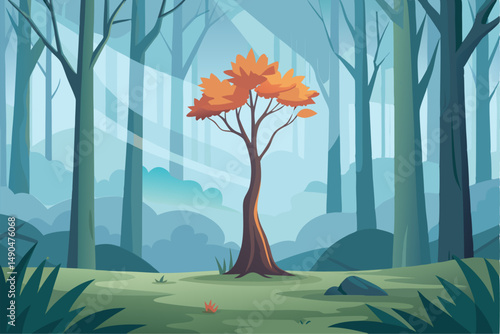 A surreal and vibrant autumn tree glowing at the center of a calm forest, reflected symmetrically in a tranquil lake with soft ripples. This dreamy fantasy landscape is painted in an expressive oil pa