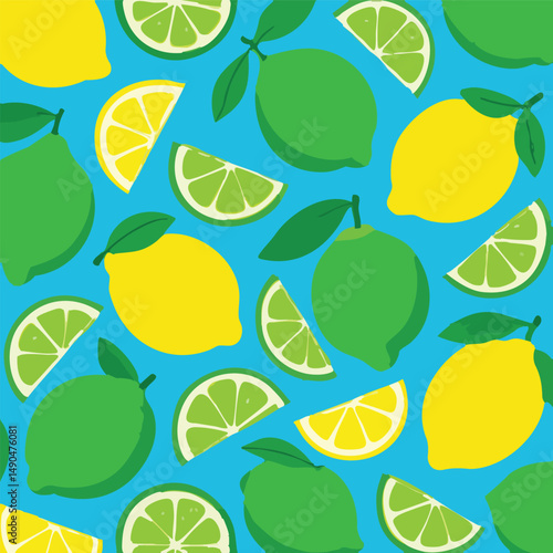 Seamless lemon and lime pattern on a vibrant blue background