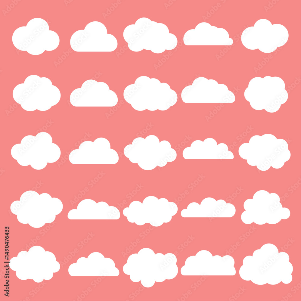 Big collection of simple flat white cloud icons on pink background. Cute weather cloud clipart set. Big collection of simple flat white cloud icons on pink background. Cute weather cloud clipart set.