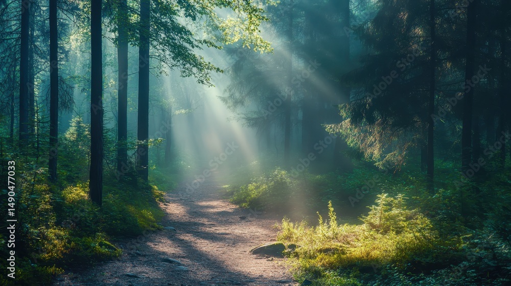 Obraz premium Sunlight streaming through trees along a serene forest path in early morning