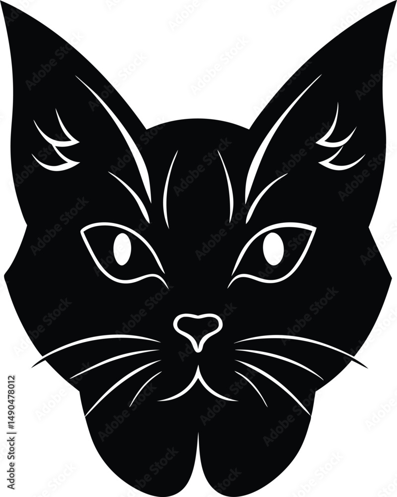 Obraz premium Black cat head silhouette vector with detailed facial features and white outlines