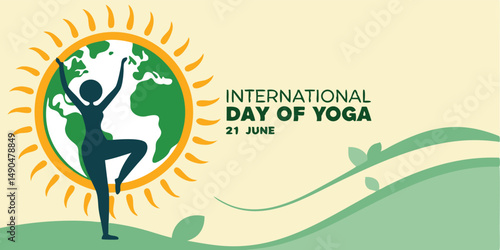 Celebratory graphic depicting international day of yoga with earth and human silhouette
