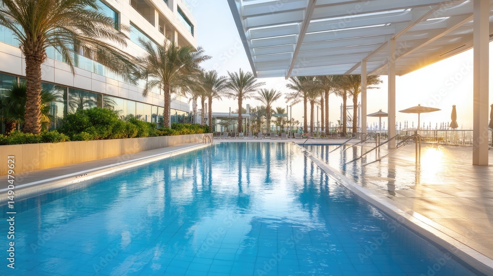 Fototapeta premium Swimming pool under daylight with palm trees architecture and reflection