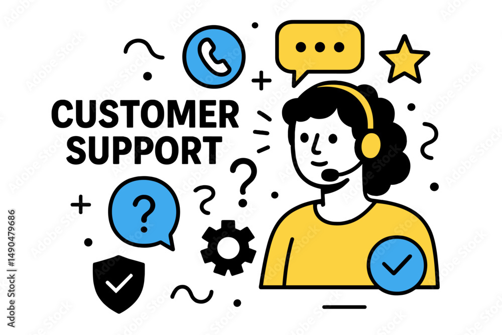 Vector illustration of customer support operator assisting clients online with tools and communication icons Vector illustration of customer support operator assisting clients online with tools and communication icons