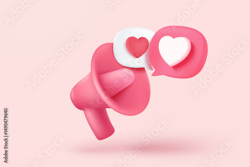 3d megaphone speaker for announce romantic valentine composition. Valentine's Day festive decorative objects, heart and love emoji icon feeling. 3d speakerphone romance icon vector render illustration