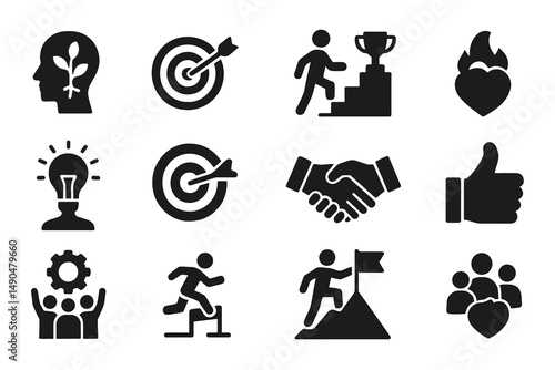 Vector illustration depicting various success concepts including growth, achievement, teamwork, and motivation